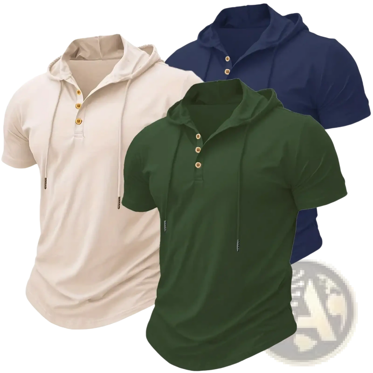 Bevama men hooded fitness polo shirts in beige green and navy blue with button placket and quick dry fabric