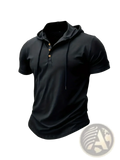 Men hooded fitness polo shirt black short-sleeved quick dry gym top with henley-style front and gold-tone buttons