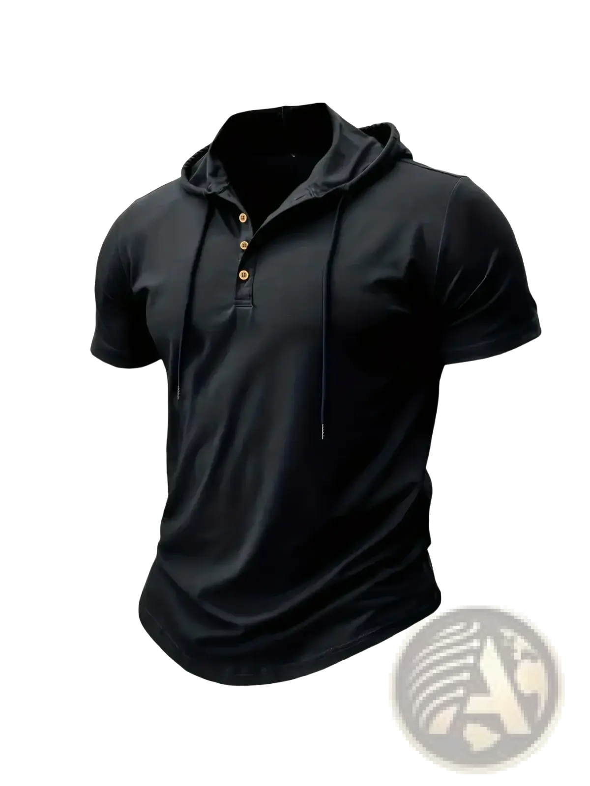 Men hooded fitness polo shirt black short-sleeved quick dry gym top with henley-style front and gold-tone buttons