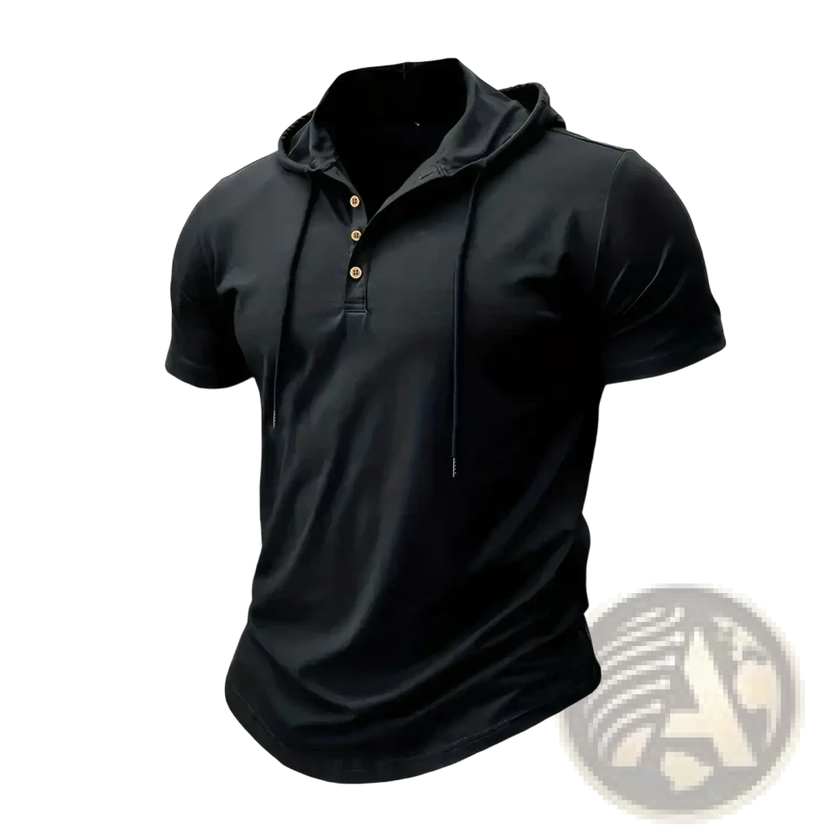 Men hooded fitness polo shirt in black short-sleeved quick dry fabric with collar and three gold-tone buttons