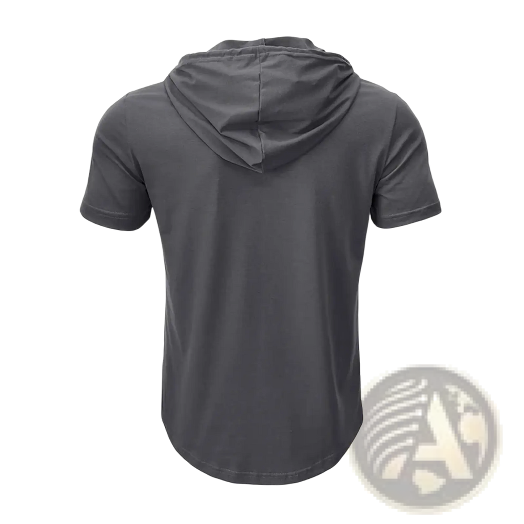 Dark gray men’s hooded fitness polo shirt with short sleeves, quick dry fabric, sleek modern design, and subtle seams