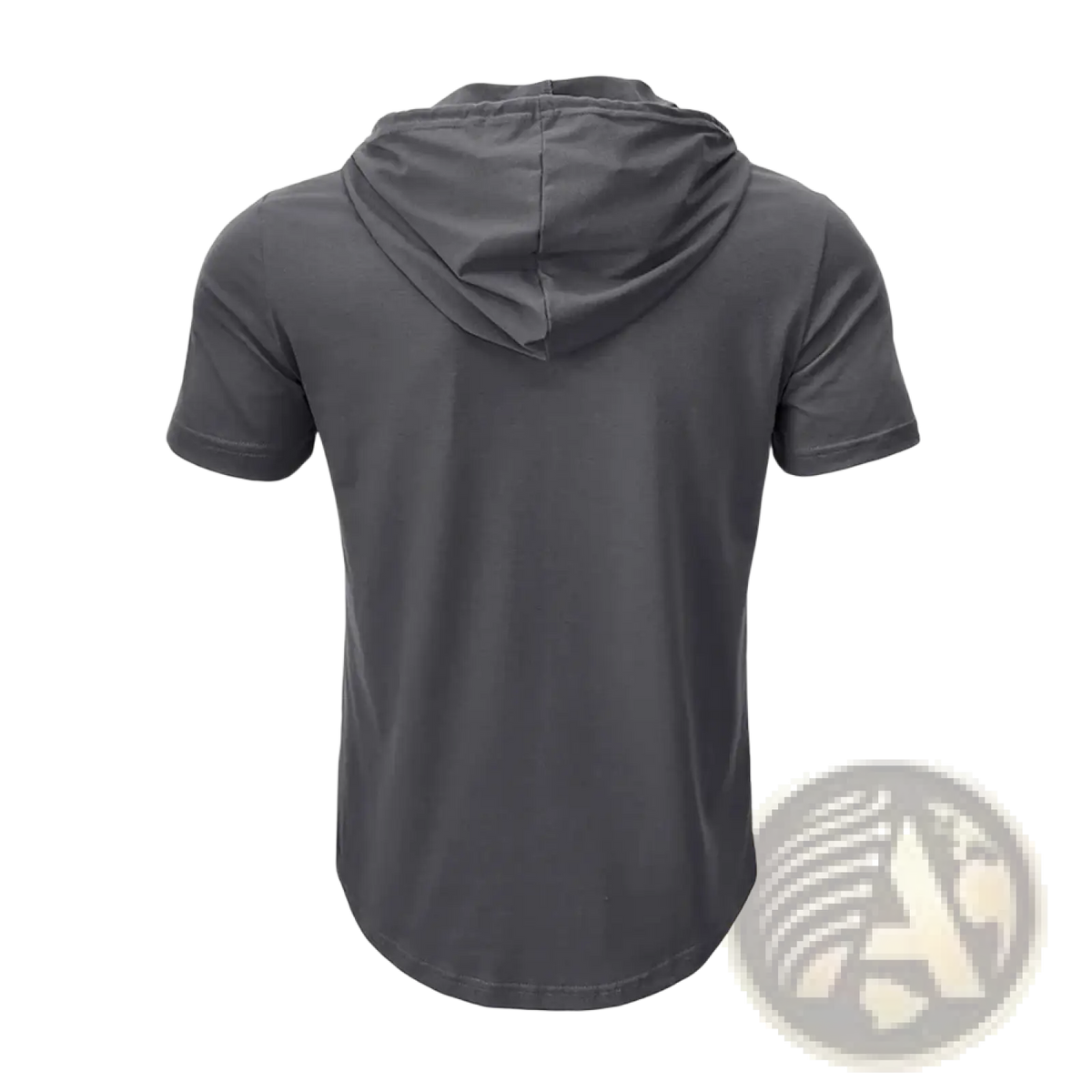 Dark gray men’s hooded fitness polo shirt with short sleeves, quick dry fabric, sleek modern design, and subtle seams