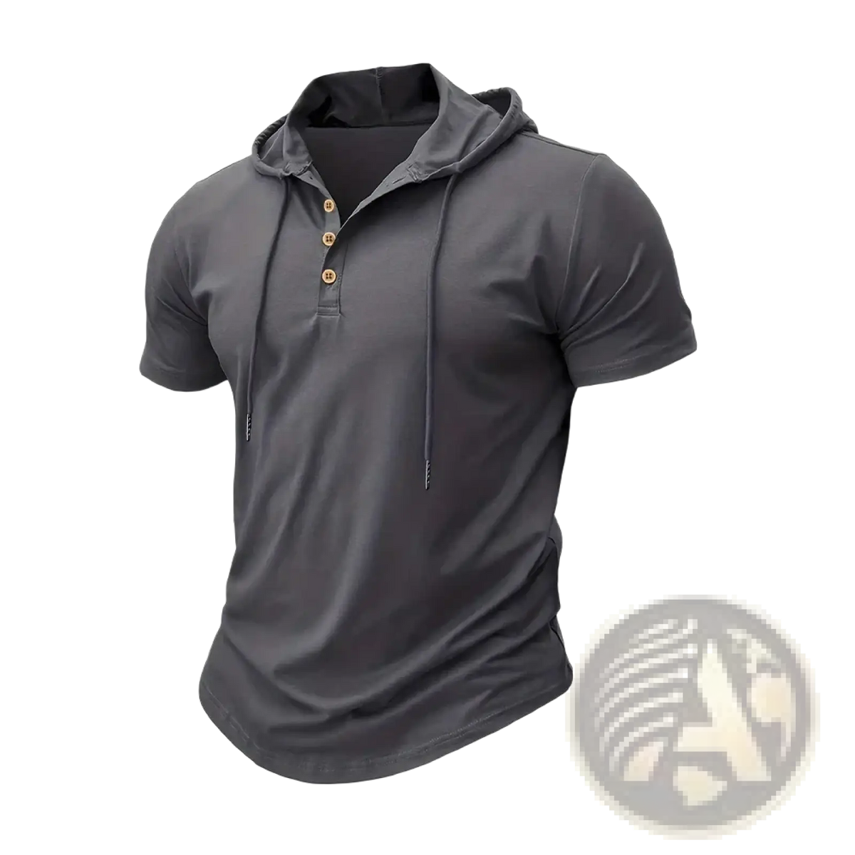 Dark gray short-sleeved hooded polo shirt with gold buttons and drawstrings quick dry for gym fitness use