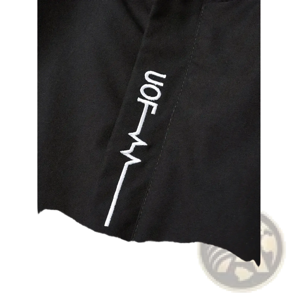 Black fabric with white embroidered von logo and heartbeat line on the back of men hooded hiking jacket bkk print