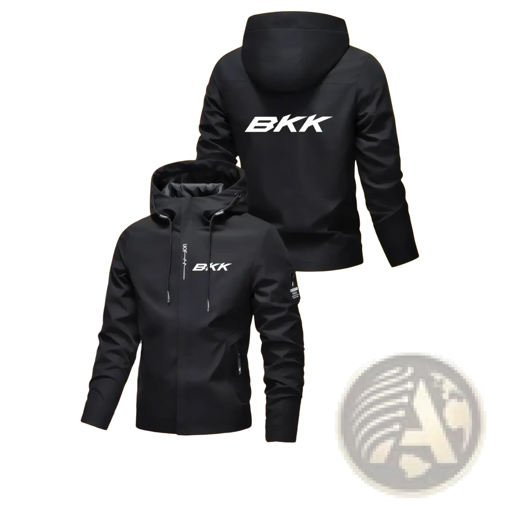 Black men hooded hiking jacket with white bkk logo on back and chest featuring sleek design and zippered pockets
