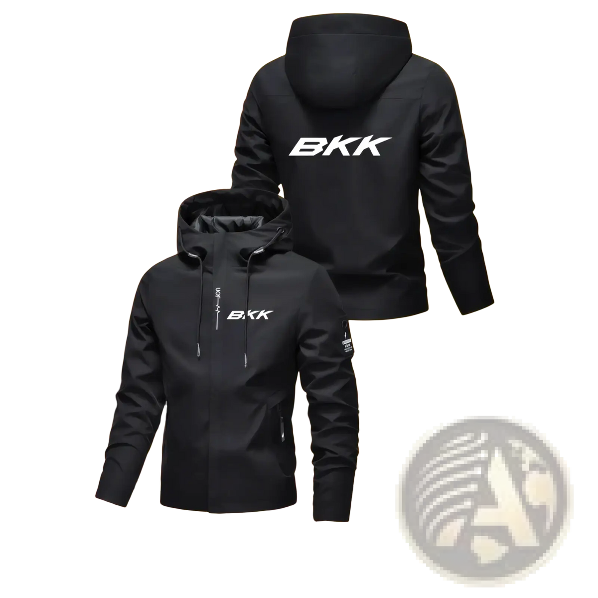 Black men hooded hiking jacket with white bkk logo on back and chest featuring sleek design and zippered pockets