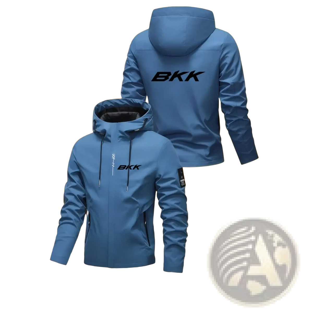 Men hooded hiking jacket bkk print in blue with black logo and zipper details for outdoor sportswear