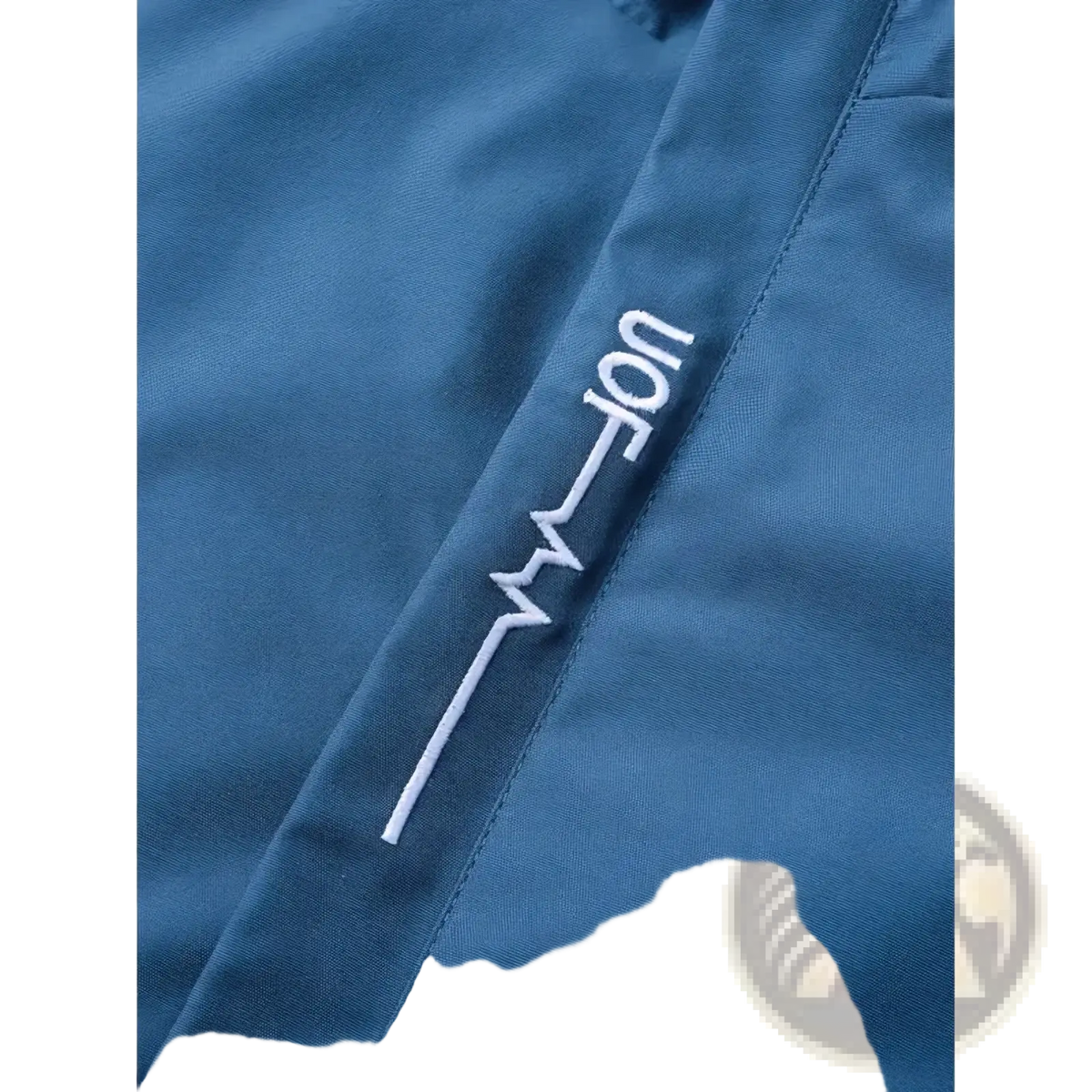 Men hooded hiking jacket in blue fabric with white embroidered von logo and lightning bolt design for outdoor sports