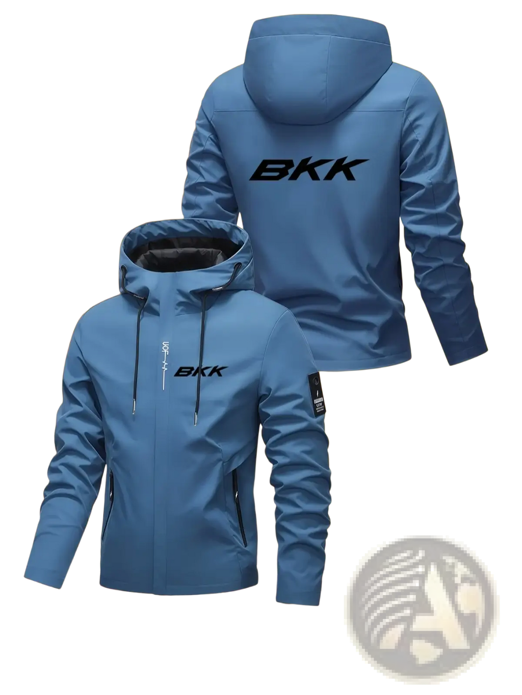 Men hooded hiking jacket bkk print light blue with black logo and zipper details for outdoor sportswear