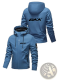 Men hooded hiking jacket bkk print light blue with black logo and zipper details for outdoor sportswear