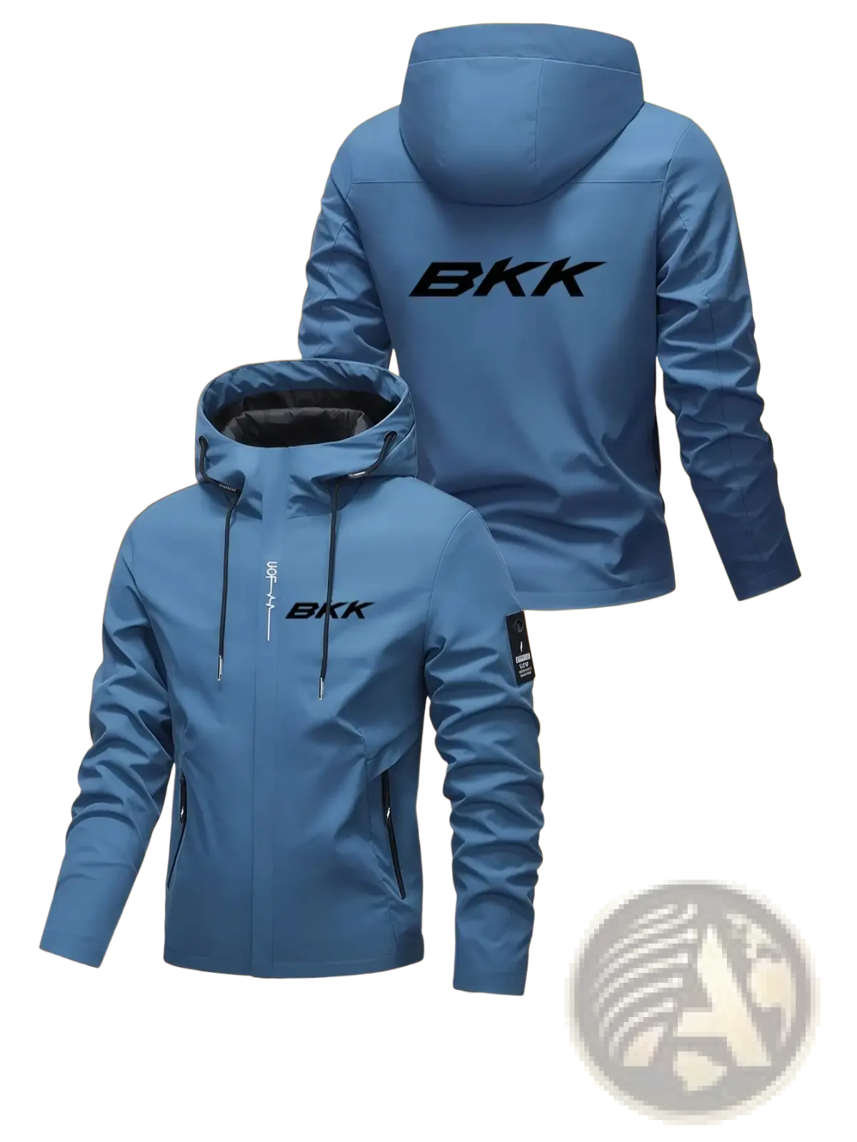 Men hooded hiking jacket bkk print light blue with black logo and zipper details for outdoor sportswear
