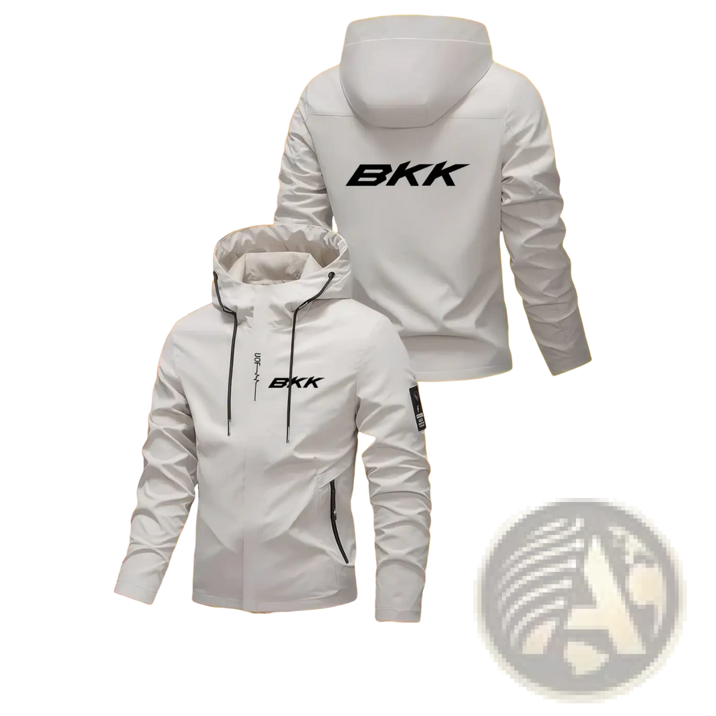 Back view of a white men hooded hiking jacket with black bkk logo on back and sleeve featuring a sleek design