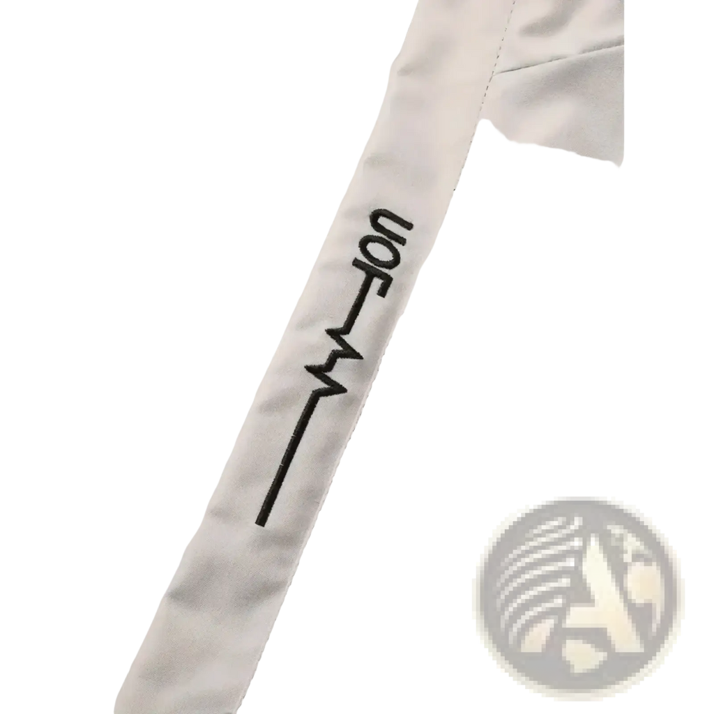 Men hooded hiking jacket in white with black embroidered von logo and stylized line design for outdoor sport use
