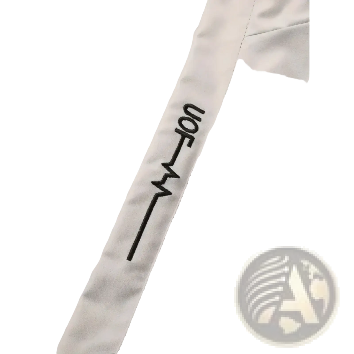 Men hooded hiking jacket in white with black embroidered von logo and stylized line design for outdoor sport use