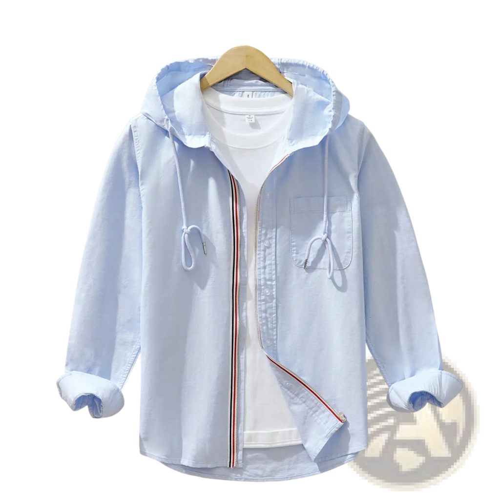 Men hooded long sleeve shirt coat in light blue with zipper front and red white striped trim on placket and cuffs