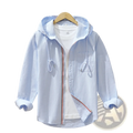 Men hooded long sleeve shirt coat in light blue with zipper front and red white striped trim on placket and cuffs