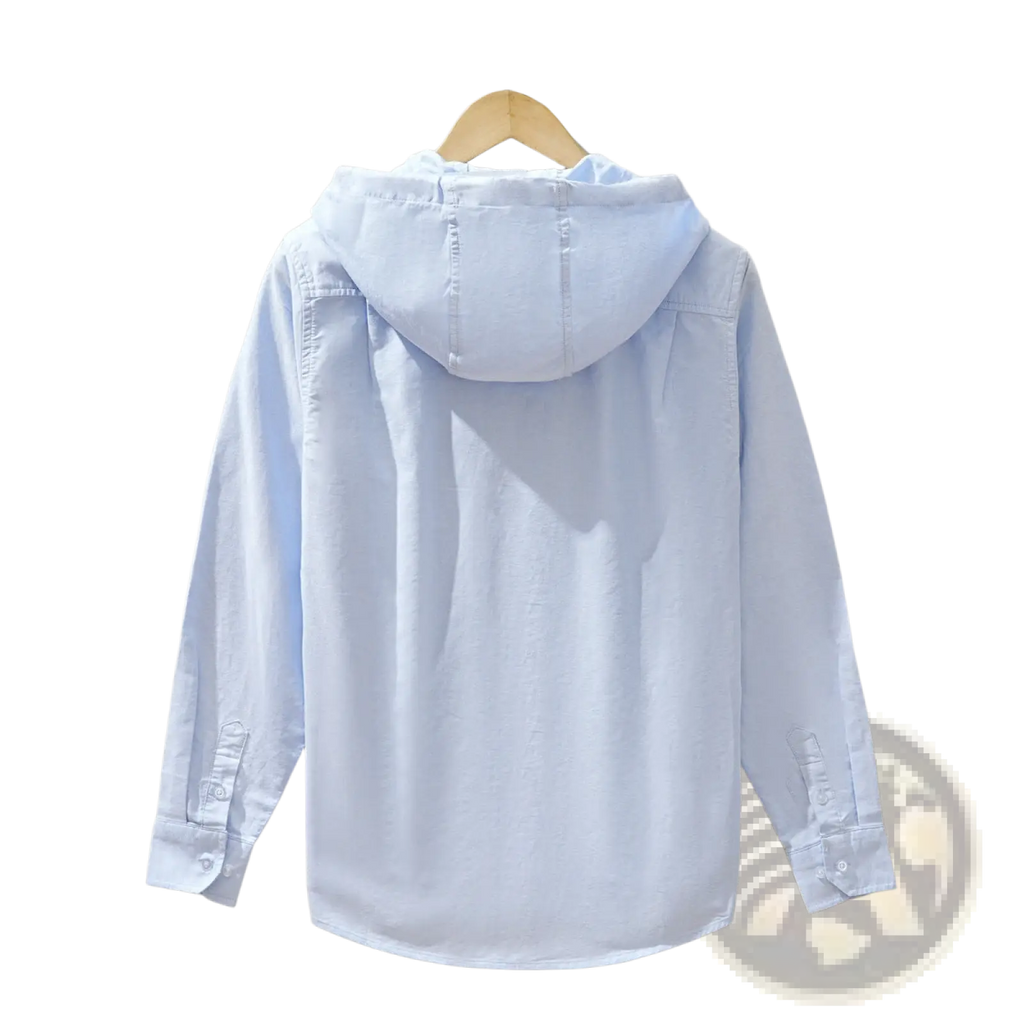 Light blue hooded long sleeve shirt coat with button-up front and classic collar for men