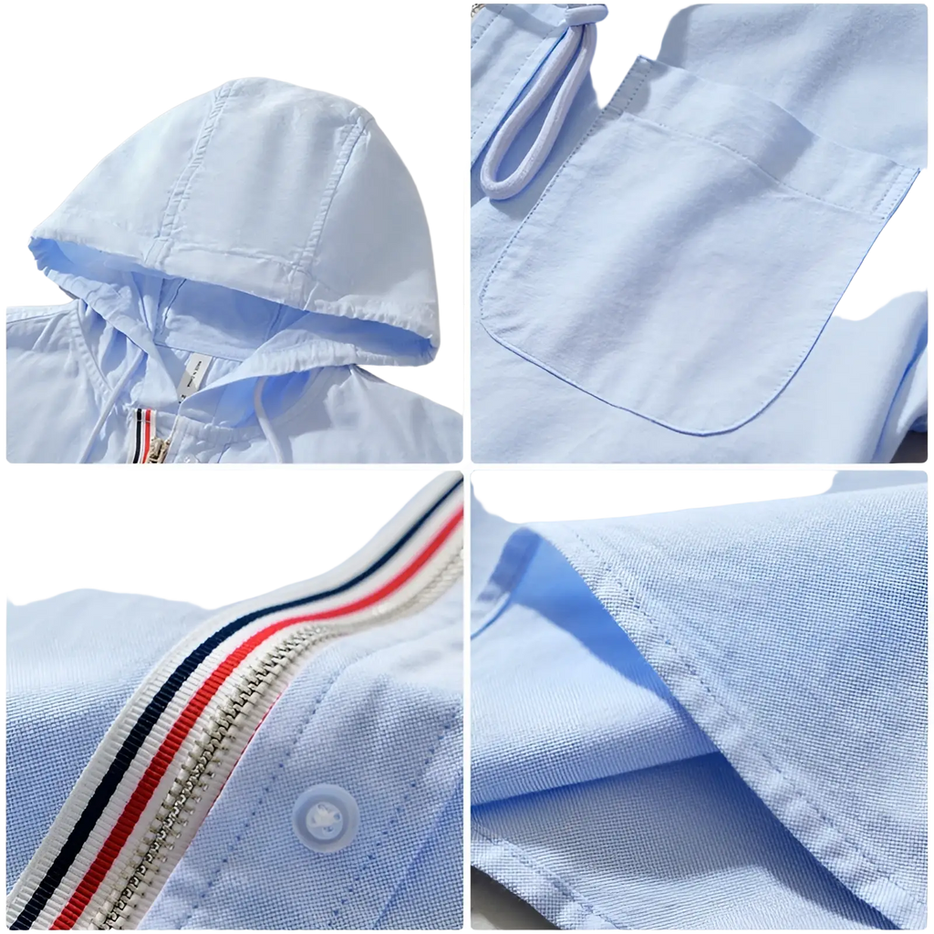 Men hooded long sleeve shirt coat in light blue textured weave with red white and navy striped zipper tape detail