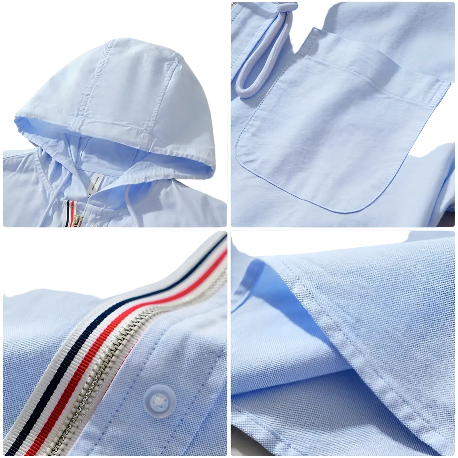 Men hooded long sleeve shirt coat in light blue textured weave with red white and navy striped zipper tape detail