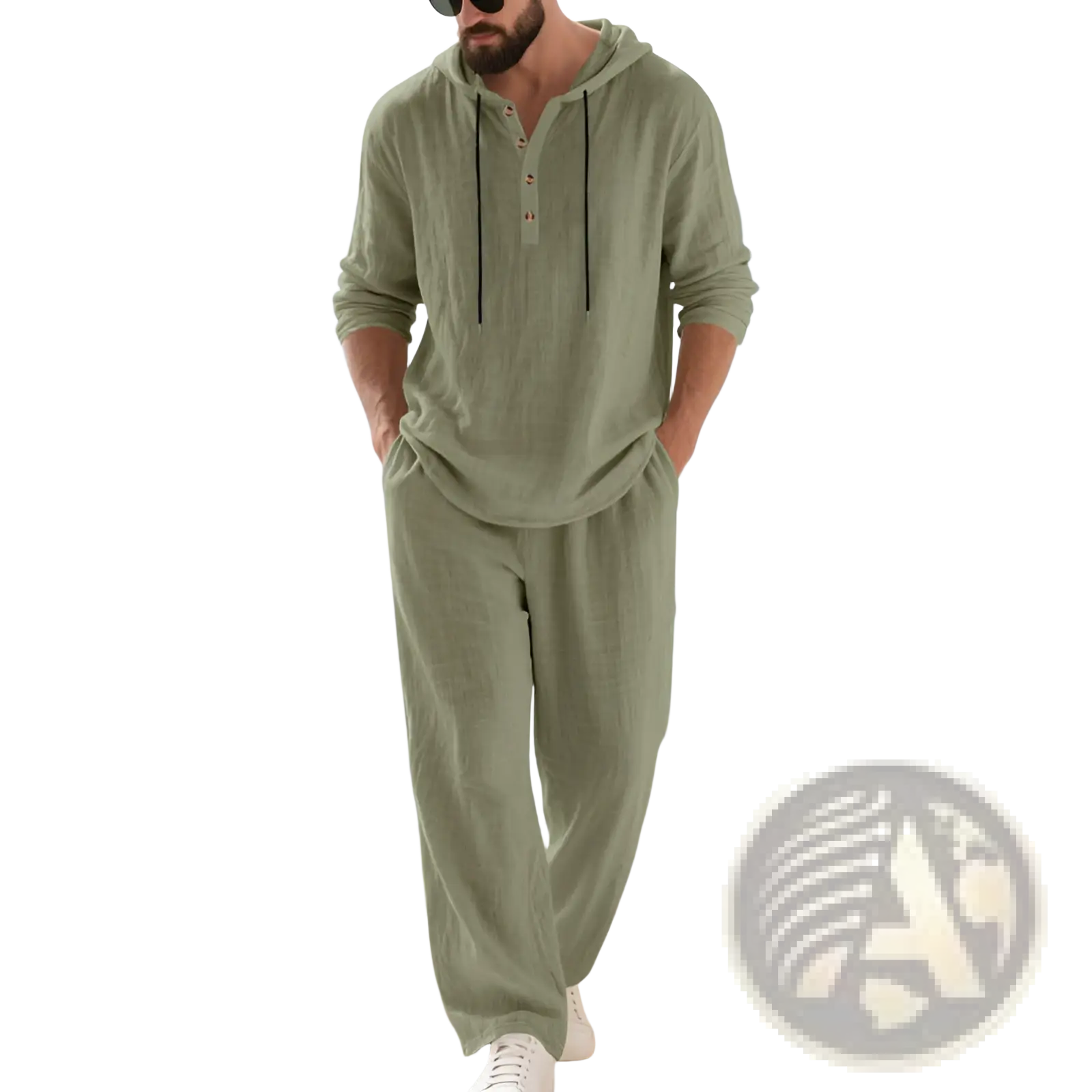 A man wearing a sage green cotton blend men hooded loungewear set with black drawstrings and matching pants