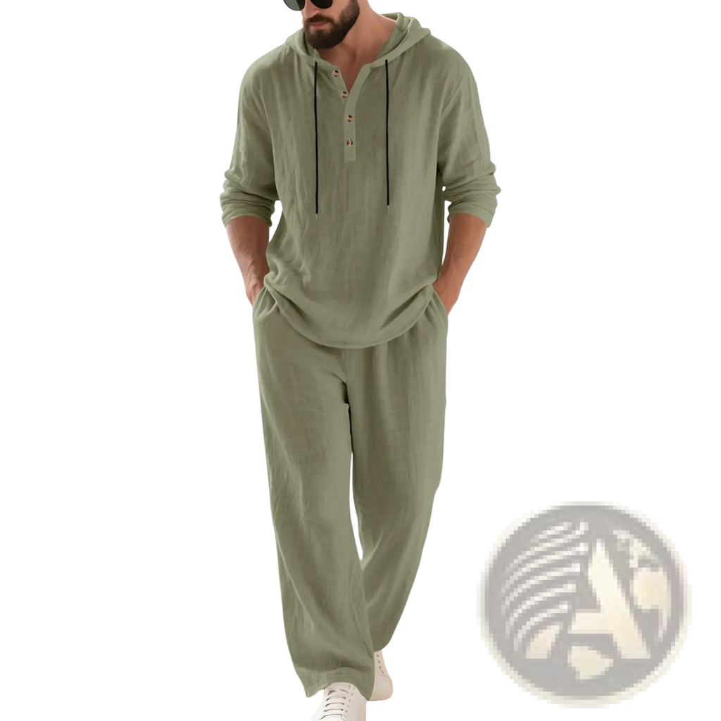 A man wearing a sage green cotton blend men hooded loungewear set with black drawstrings and matching pants