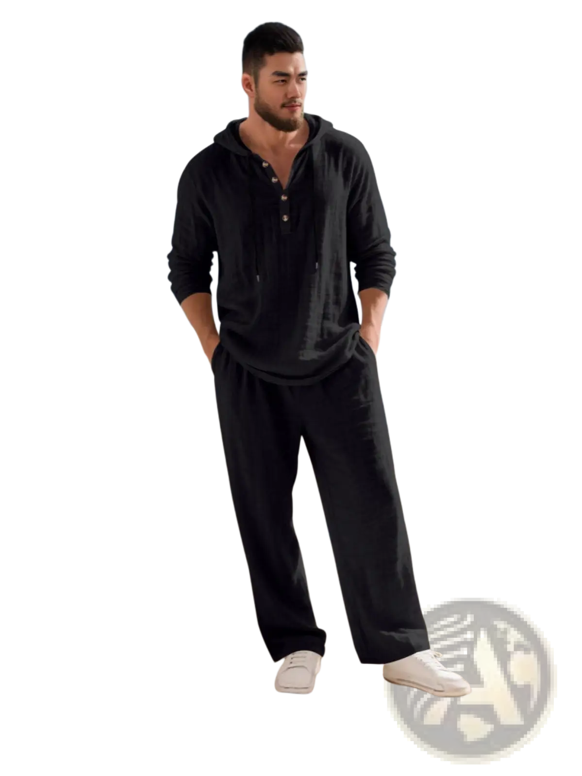 Black long-sleeved hooded henley top with button details in men hooded loungewear set cotton blend