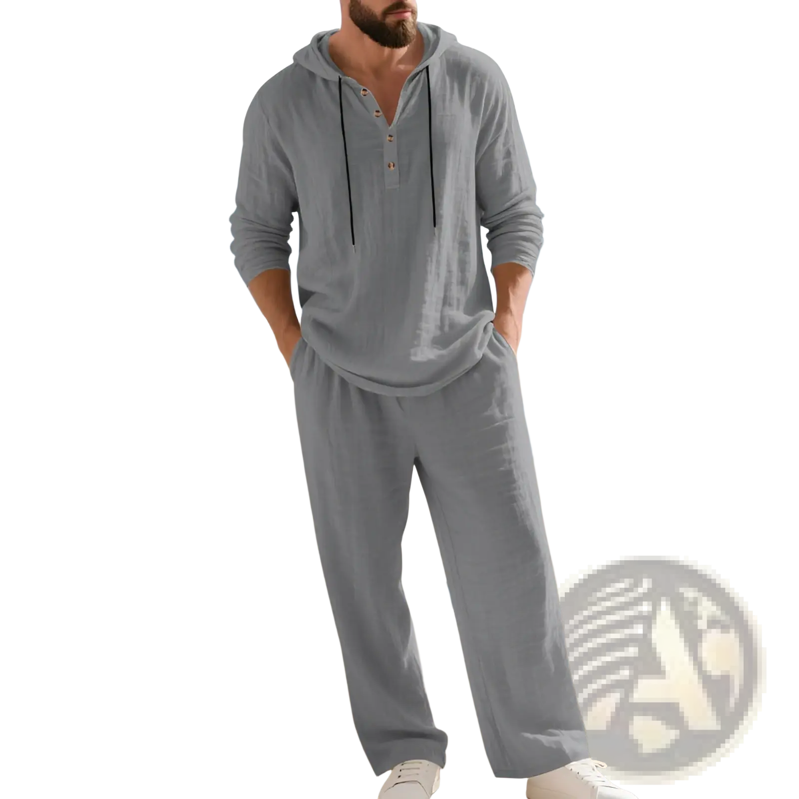 Men hooded loungewear set in gray cotton blend linen featuring a hoodie and matching pants for comfortable wear