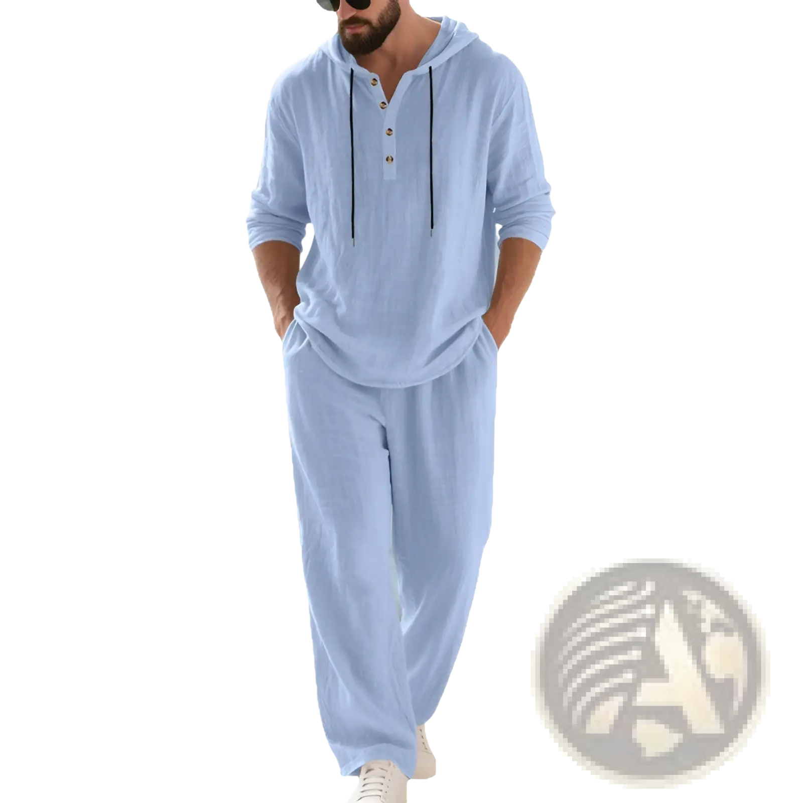 Light blue cotton blend men hooded loungewear sweatshirt with button placket and drawstring detail