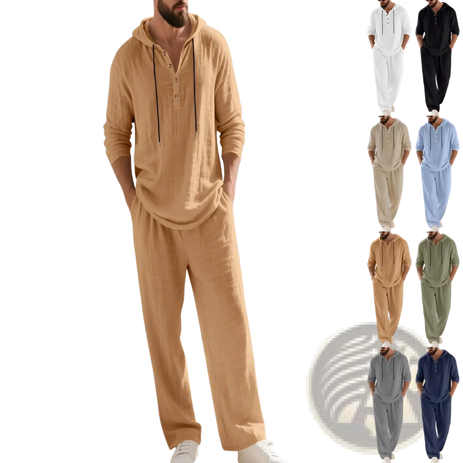 Beige linen cotton blend men hooded loungewear set with black drawstrings featuring hoodie and pants