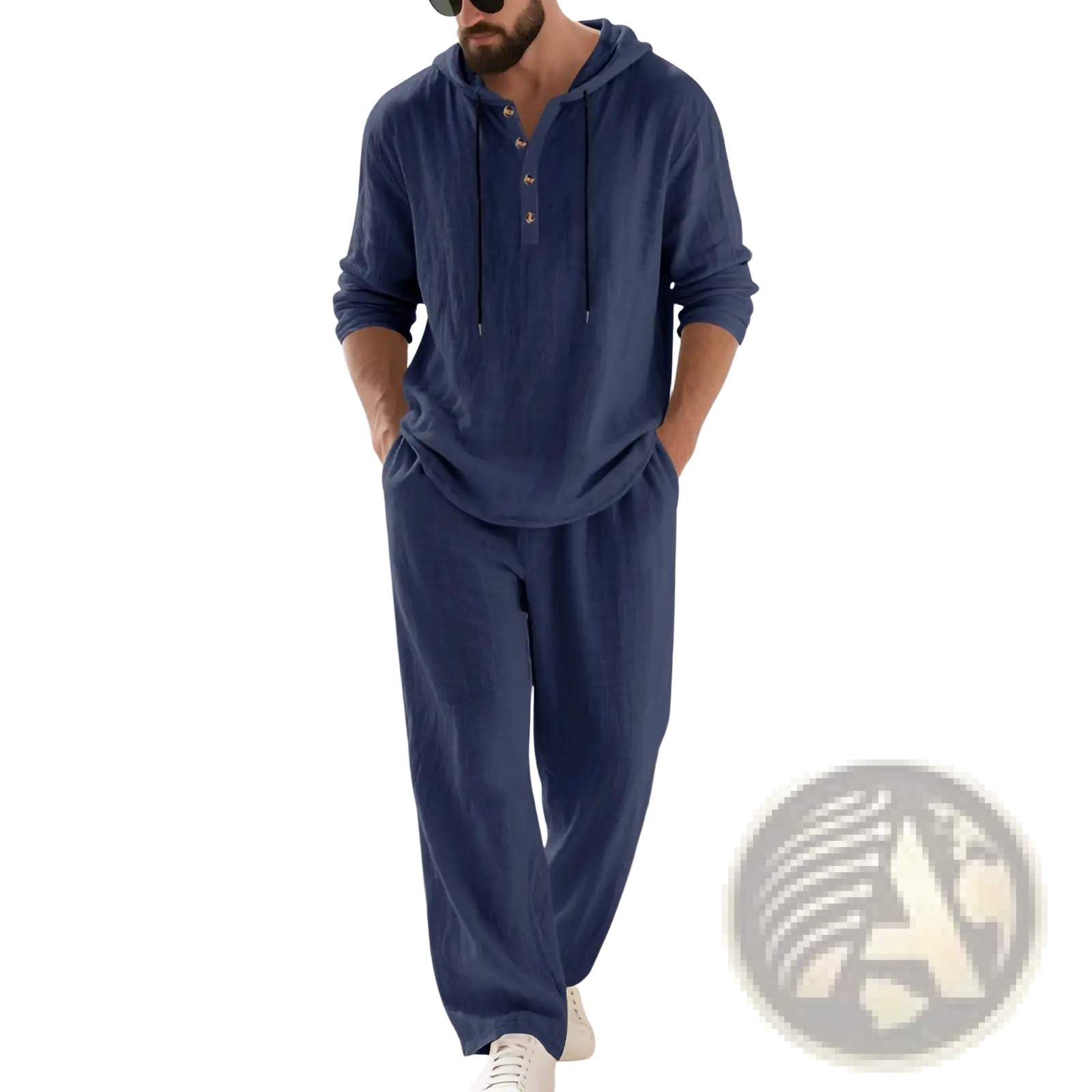 Men hooded loungewear set in navy blue cotton blend linen with button details and matching pants for casual comfort