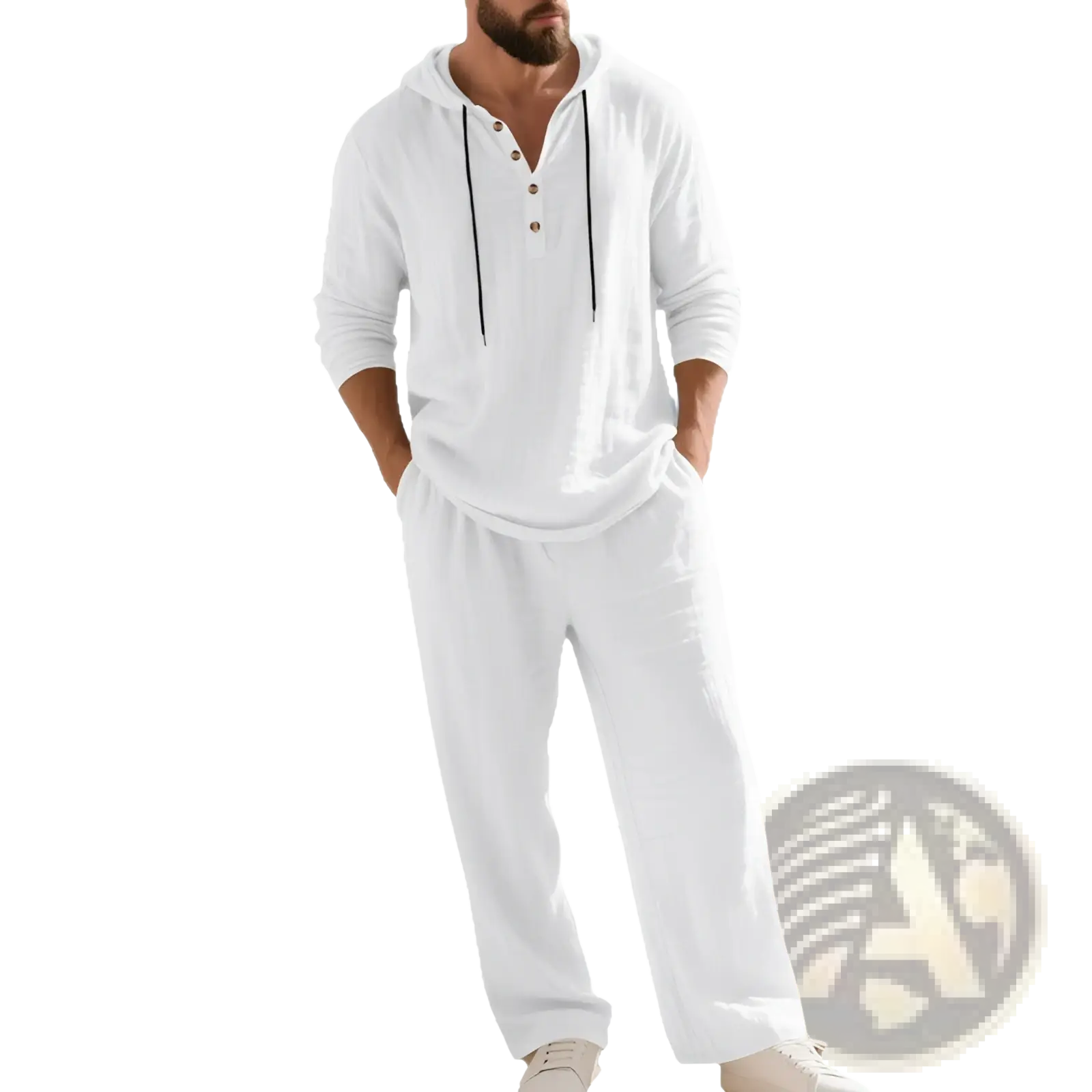 Men hooded loungewear set cotton blend featuring a white cotton hoodie with black drawstrings and button details