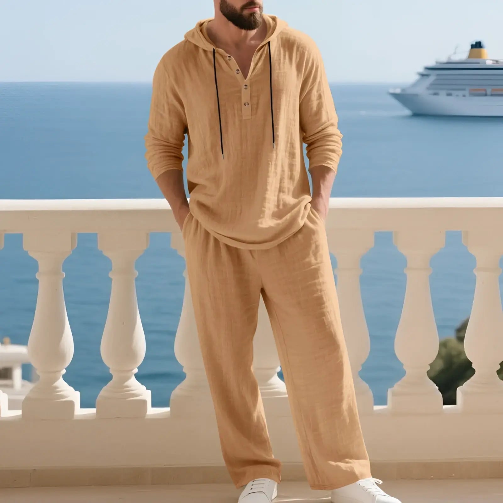 Beige linen hooded sweatshirt with black drawstrings and button details in men hooded loungewear set cotton blend