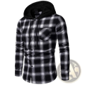 Men hooded plaid cotton shirt in black and white with button-up front and matching drawstring-lined hood