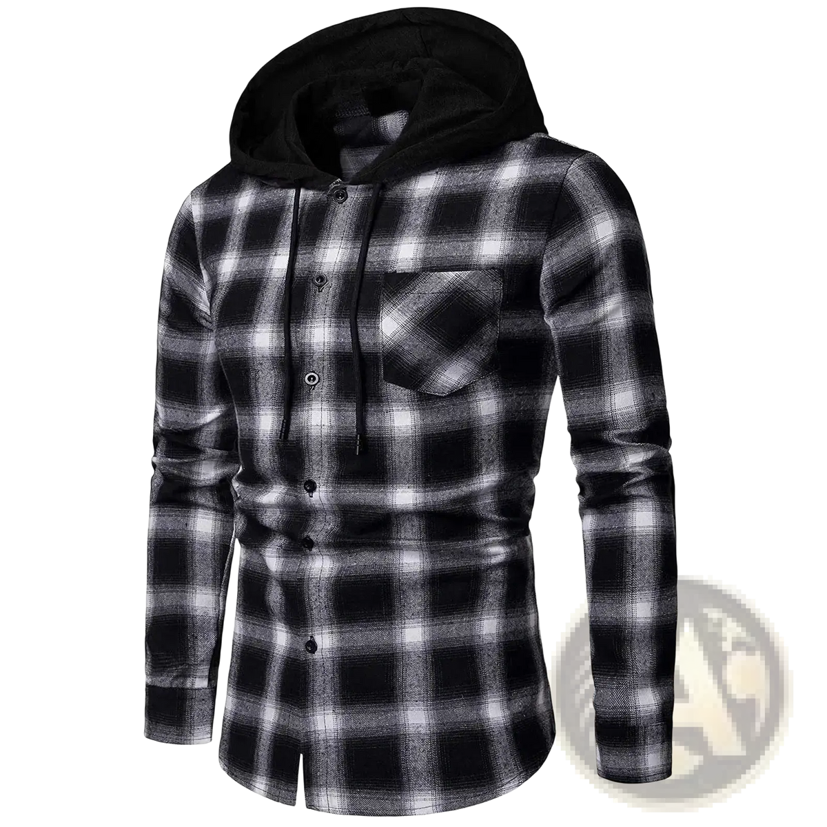 Men hooded plaid cotton shirt in black and white with button-up front and matching drawstring-lined hood