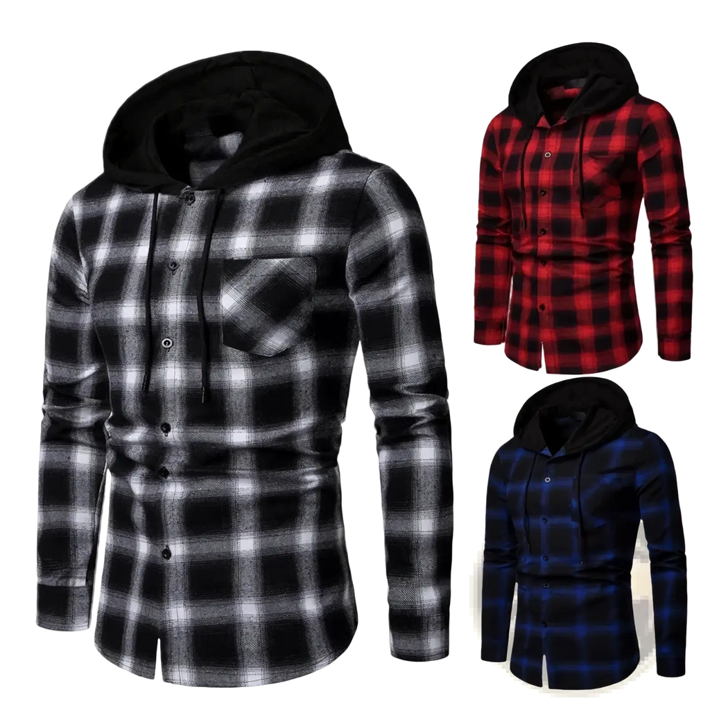 Men hooded plaid cotton shirt in black and white with button-up front and black inner lining