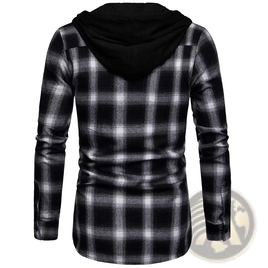 Men hooded plaid cotton shirt in black and white with long sleeves and black inner lining