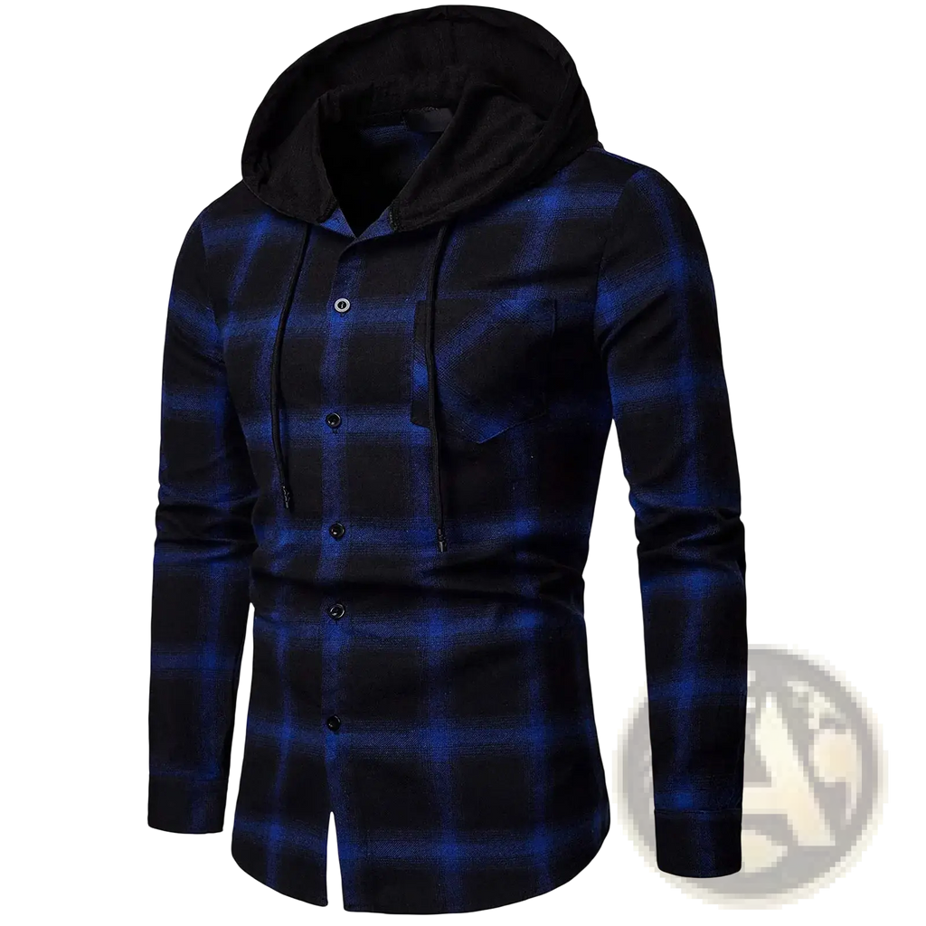 Men hooded plaid cotton shirt in dark blue and black with button-up front and matching black interior lining