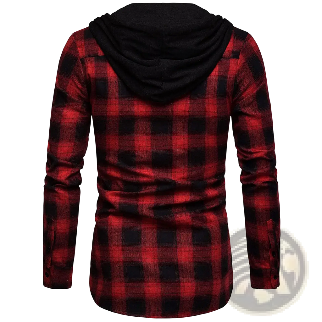Men hooded plaid cotton shirt in red and black with a contrasting black inner lining for casual wear