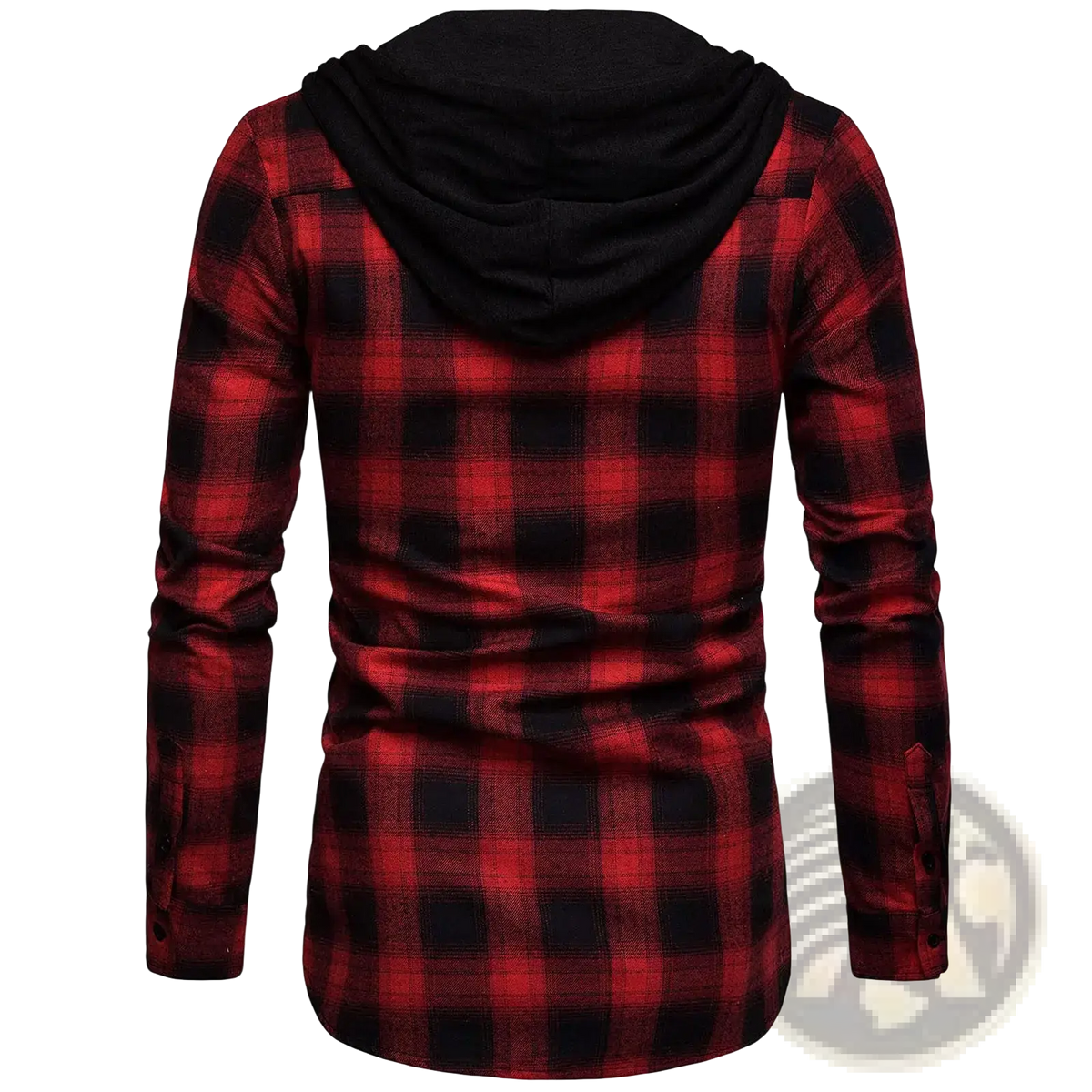 Men hooded plaid cotton shirt in red and black with a contrasting black inner lining for casual wear