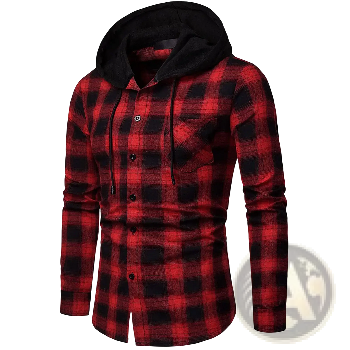 Men hooded plaid cotton shirt in red and black with button-up front and contrasting black inner lining