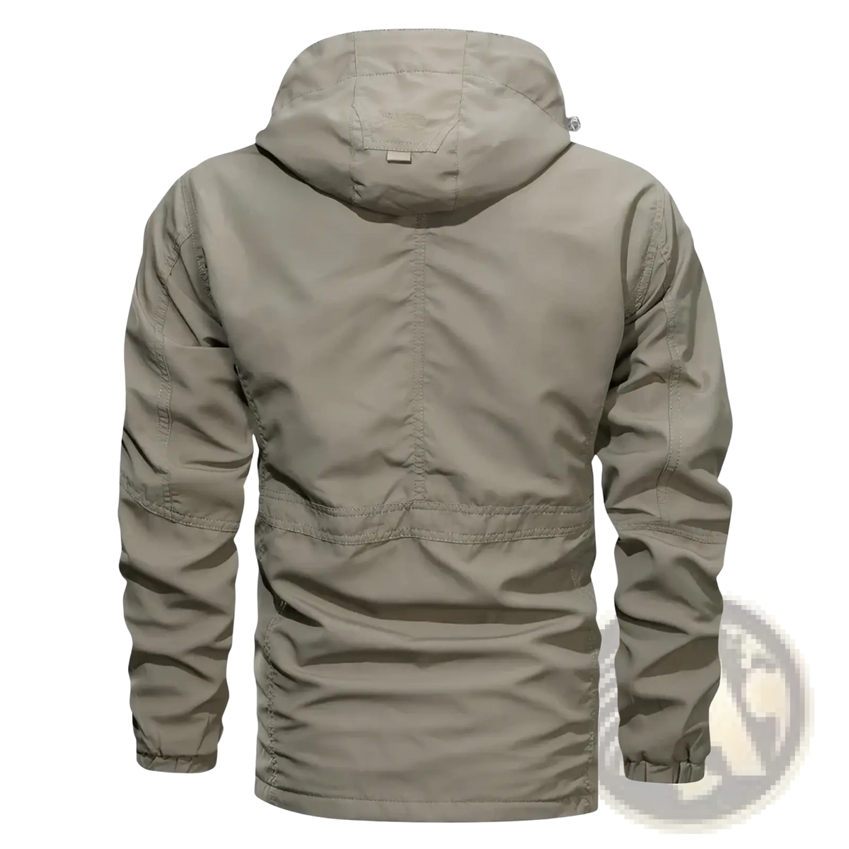 Beige men hooded tactical windbreaker jacket with sleek lightweight fabric and subtle stitching details