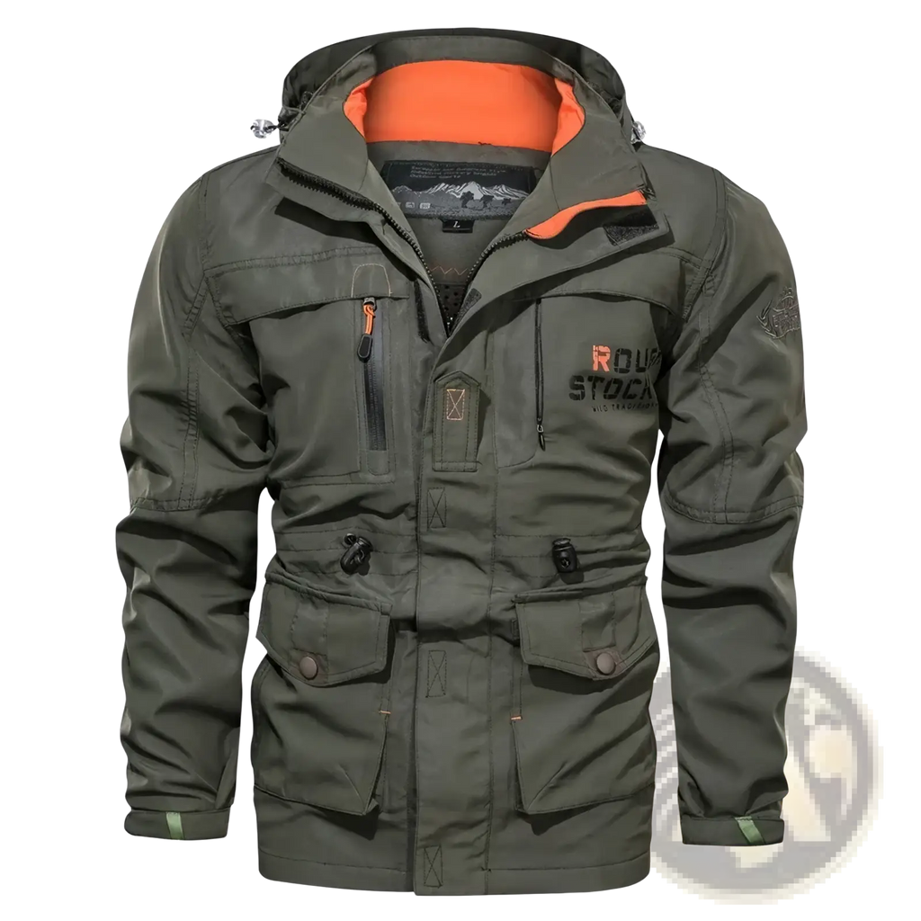 Men hooded tactical windbreaker jacket in olive green with orange inner lining and multiple functional pockets