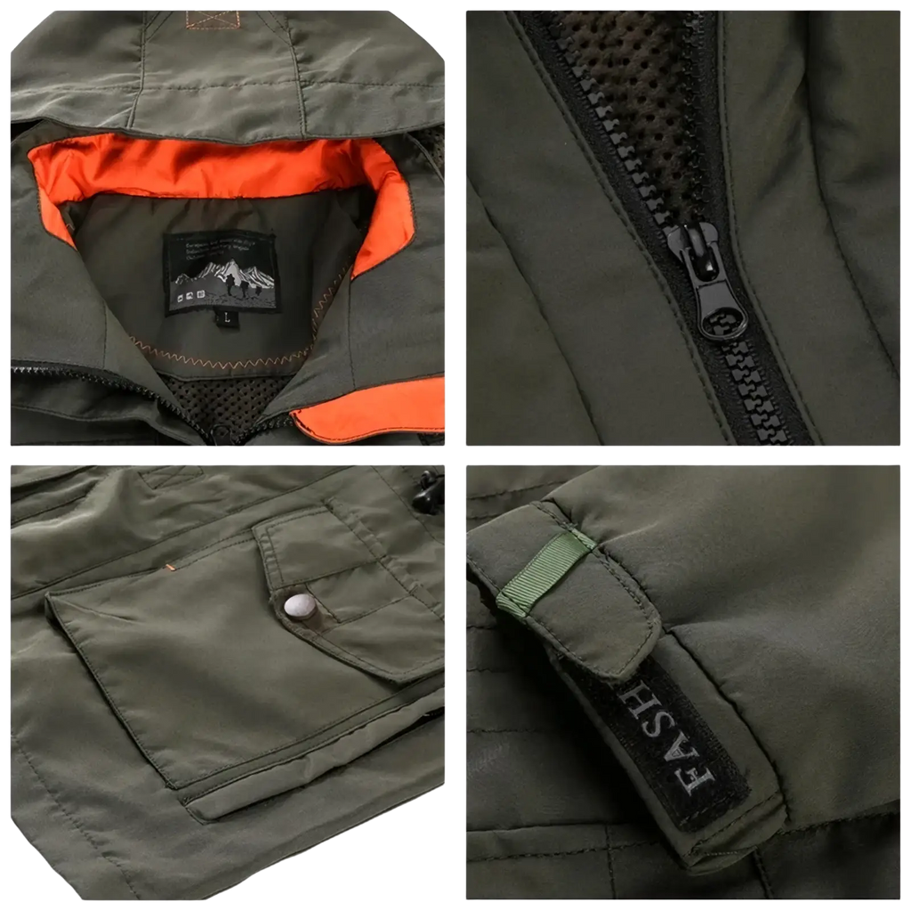 Men hooded tactical windbreaker jacket in olive green waterproof fabric with bright orange lining and black zipper details