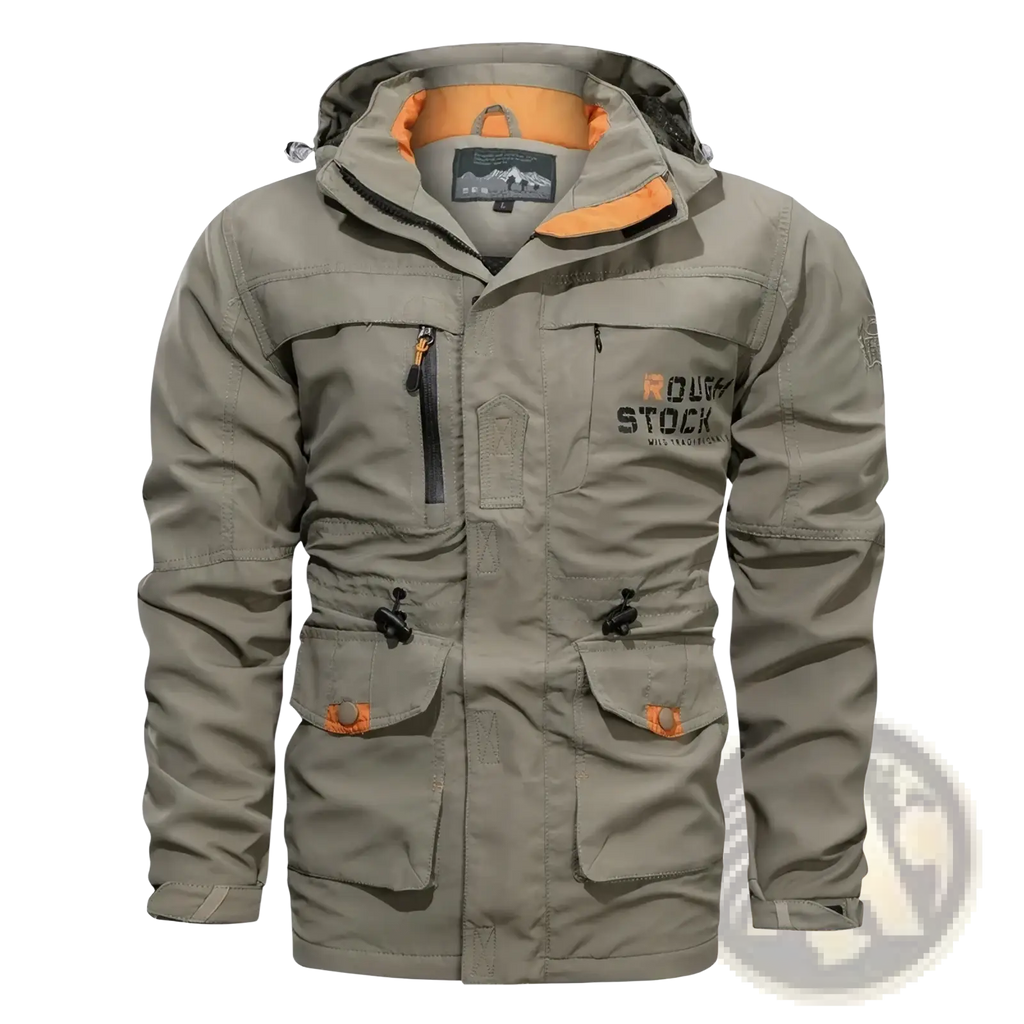Men hooded tactical windbreaker jacket in olive green waterproof fabric with orange accents and rough stock branding on chest