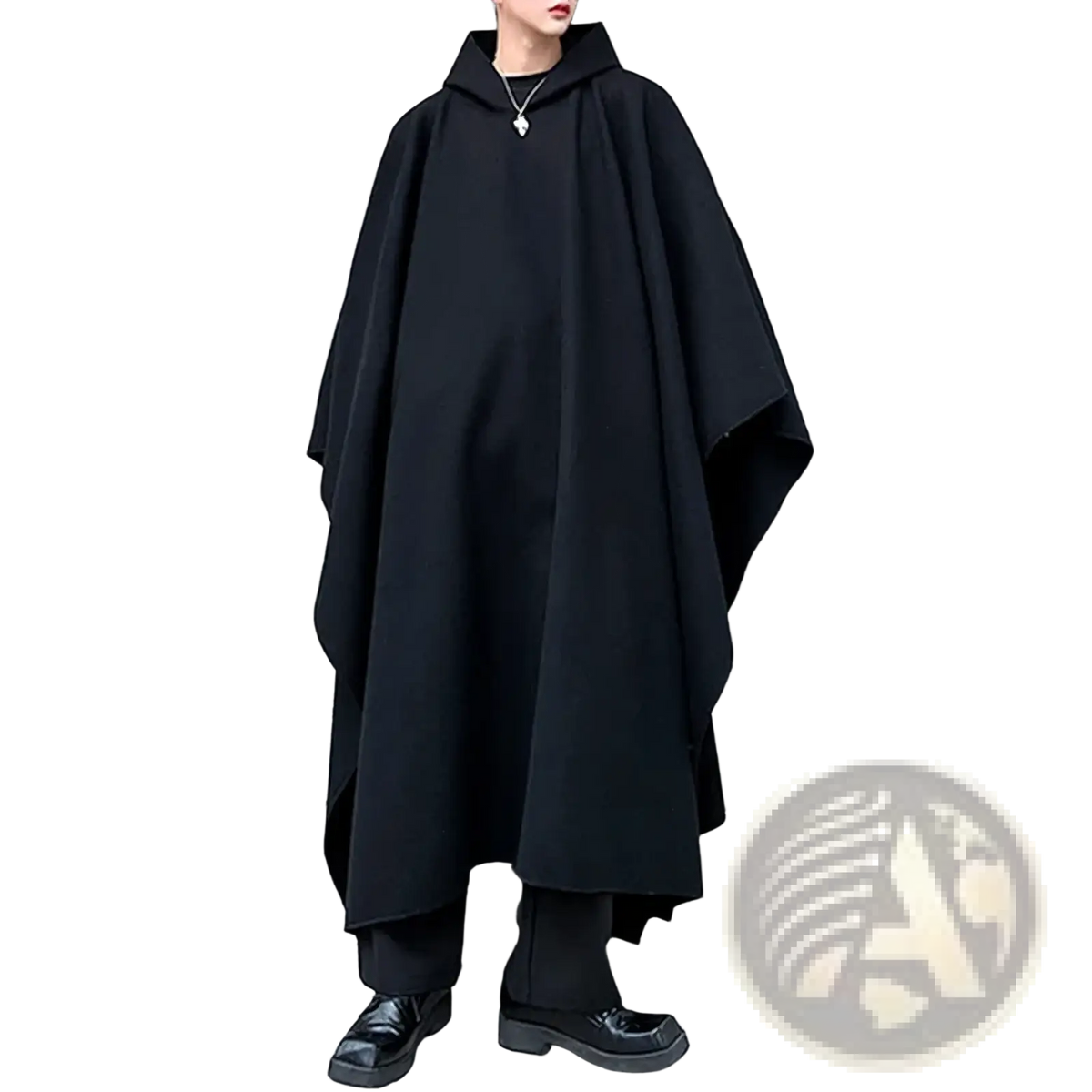 Men hooded trench cape in black with a loose flowing silhouette and asymmetrical hemline for streetwear use