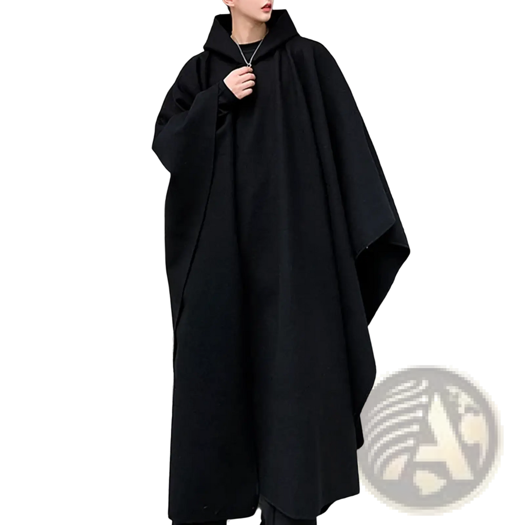 Black hooded trench cape with loose flowing silhouette and wide sleeves streetwear coat for men shown from the back
