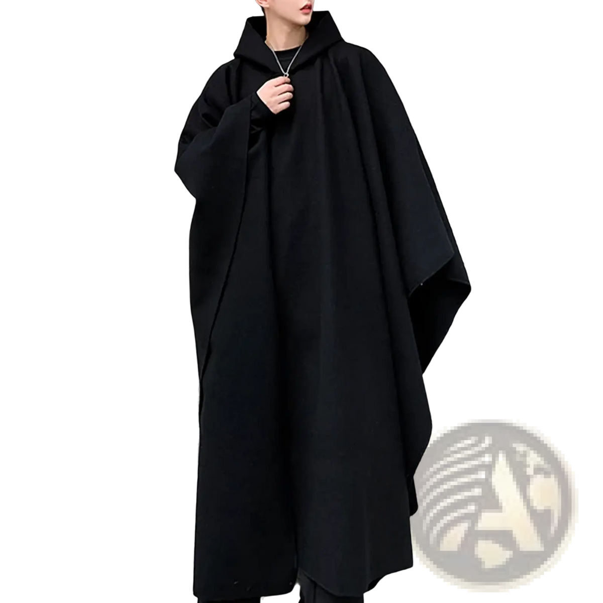 Black hooded trench cape with loose flowing silhouette and wide sleeves streetwear coat for men shown from the back
