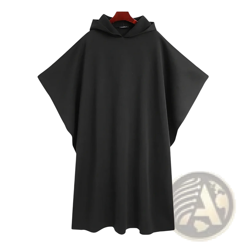 Black hooded poncho by incerun made of solid color fabric, designed as a men hooded trench cape for streetwear use
