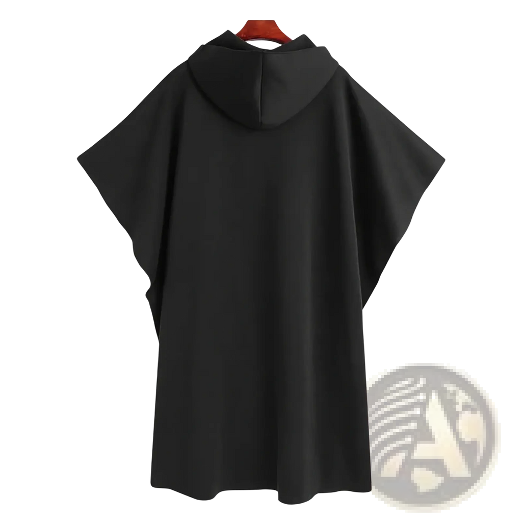 Black hooded trench cape with wide cape-like sleeves made of smooth lightweight fabric for men streetwear coat view from back