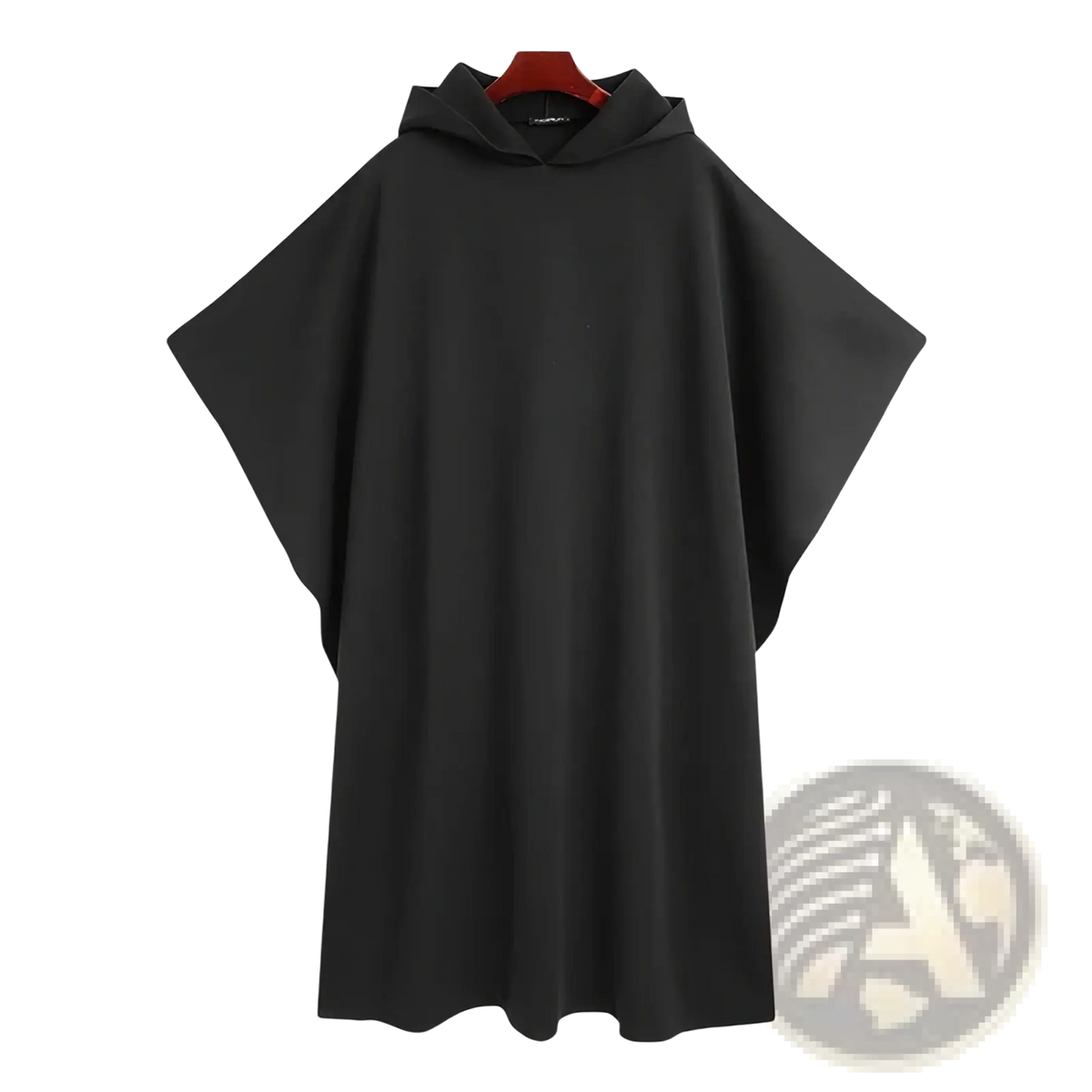 Men hooded trench cape solid color streetwear coat in black with wide flowing sleeves and smooth fabric finish